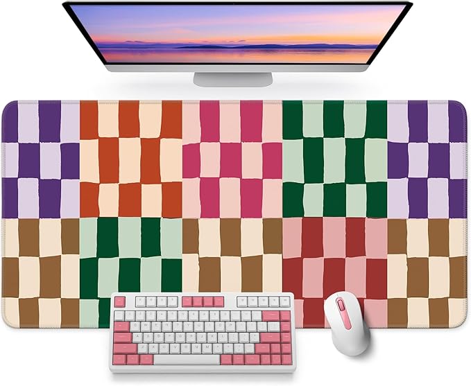 Large Mouse Pad for Desktop, Cute Desk Mat Pad Protector for Work & Gaming, Aesthetic Pretty Anti-Slip Laptop Blotter Cover for Office School Home Supplies, Checkered, 31.5" x 11.8"