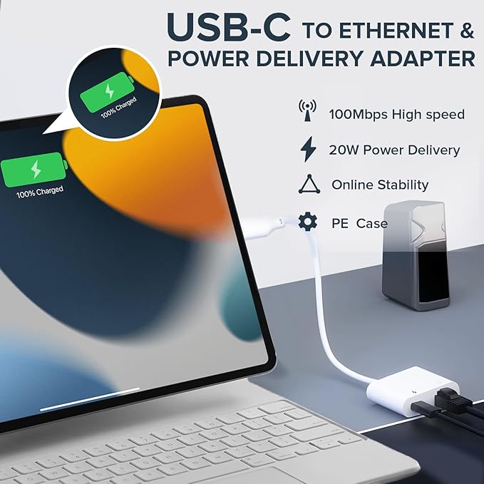 USB C to Ethernet Adapter 2 in 1 USB C to RJ45 Adapter with Type C PD Charging Port Compatible with iPhone16/Android/MacBook Supports 100Mbps Ethernet Network