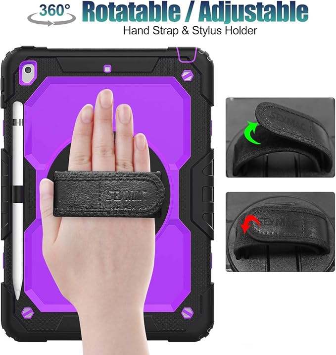 SEYMAC stock Case for iPad 9th/ 8th/ 7th Generation 10.2'', Shockproof with Screen Protector, Pencil Holder [360° Rotating Hand Strap] & Stand, for iPad 10.2 inch 2021-2019 (Purple+Black)