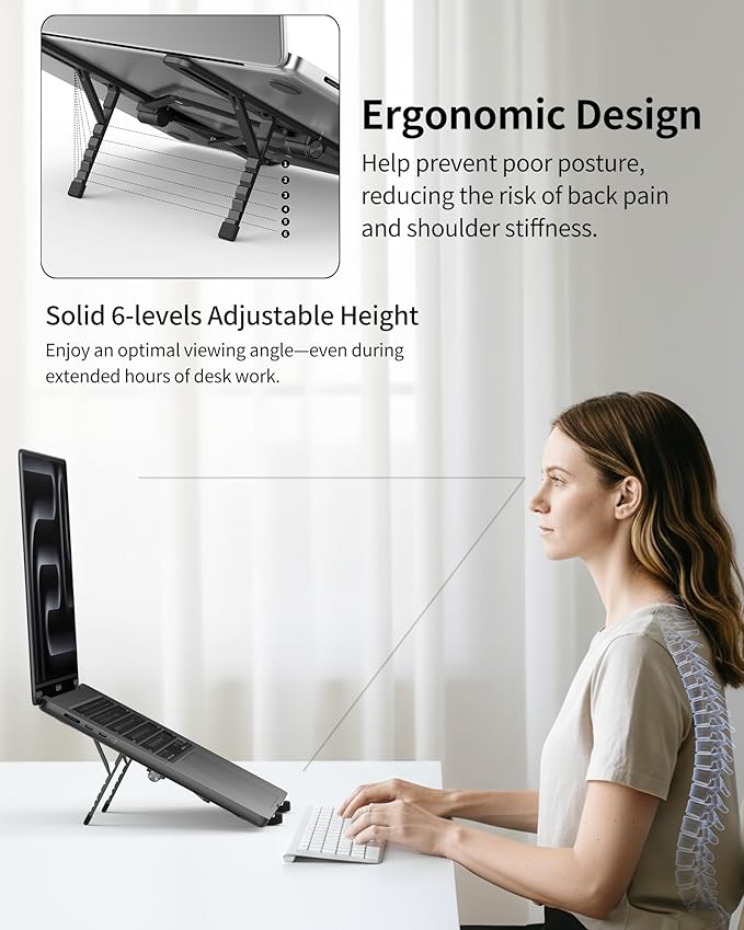 SODI 2025 Foldable Laptop Stand for Desk - Bi-fold Ergonomic Spring Adjustable Computer Holder, 3 in 1 Metal Portable Laptop Stand for Notebook, Phone, Tablet,10-16", Desk & Travel Use