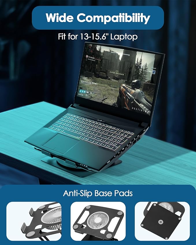 SHUWEI Laptop Cooling Stand with Detachable Desk Fan, Adjustable Height & Angle, 360 Rotating Base, Carbon Steel Framework, Ultra-Quiet & Super Sturdy for up to 16”Laptop-Sliver