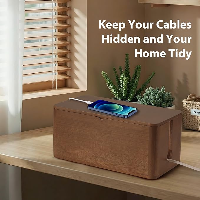 ZhiYo Wood Cable Management Box, Large Cord Organizer Box for Power Strip, Extension Cord Hider for Office, Desk Cable Storage Box for Wire Management, Floor Outlet Hider, 14.2" L × 6.7" W × 6.3" H