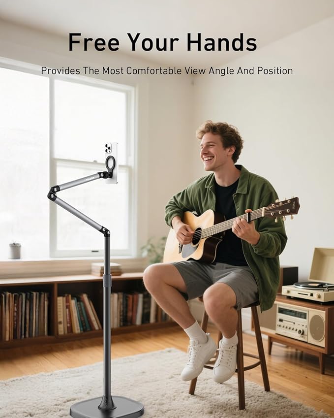 TELESIN° Magnetic Phone Tablet Floor Stand, Aluminum Alloy Phone Holder Stand for Video Recording, Overhead Bed/Sofa Phone Mount Height Adjustable Ultra Stable Base for Magsafe/iPhone/Android/iPad