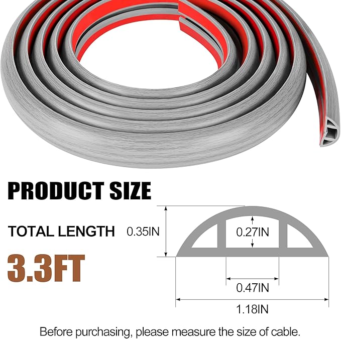 MYFAMIREA 3.3FT Floor Cord Cover for Wire Self Adhesive Cable Cavity Management PVC Extension Cord Hider Power Floor Wire Protector Cover Prevent Cable Trip for Office Home Outdoor (Gray Wood, 1.18'')