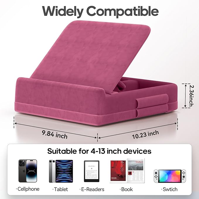 KDD Tablet Pillow Stand with Storage, Foldable iPad Holder for Lap, Desk and Bed, Angle Adjustable Soft Pad Dock with Stylus Mount Compatible with iPad Pro, Air, mini, Book, Phone and Tablet (4-13")