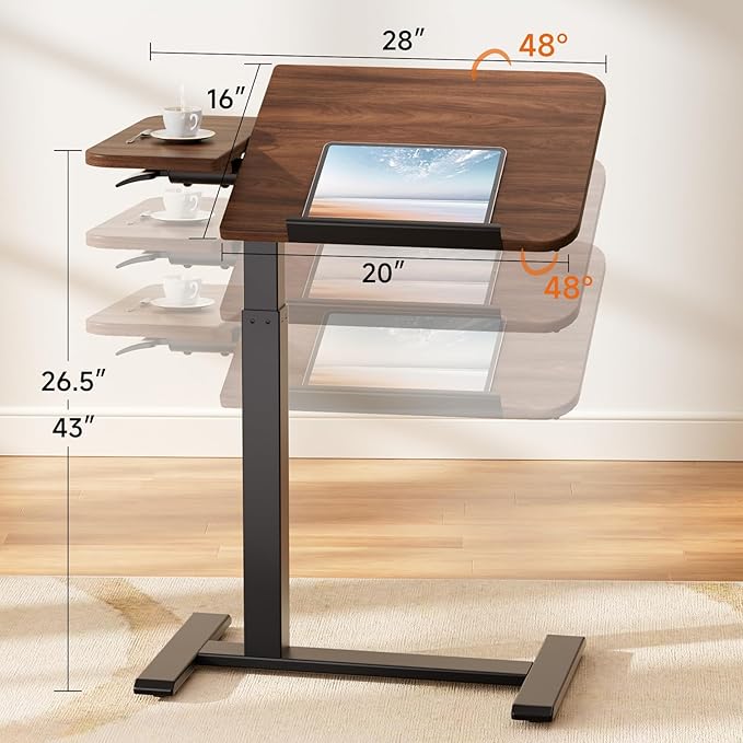 COMHOMA Tiltable Mobile Small Standing Desk, Pneumatic Adjustable Height Overbed Bedside Table with Wheels, Sit Stand Portable Rolling Laptop Desk Computer Workstations, Walnut