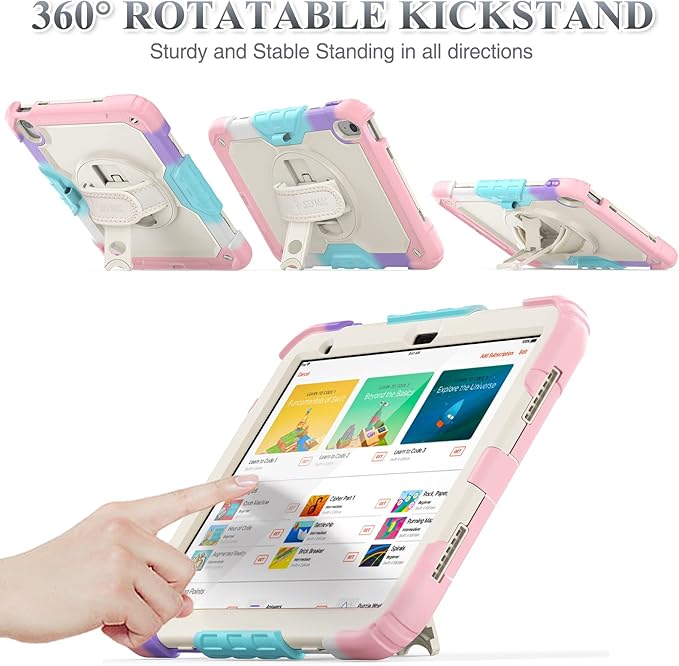SEYMAC stock Case for iPad (A16) 11th/10th Generation 11''/10.9'' 2025/2022, Full-Body Drop Protection Case with Screen Protector &360° Rotate Hand Strap/Stand, Yellowish+Pink