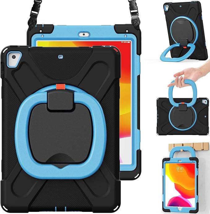 BRAECN Case for 9.7" iPad 6th/5th Generation, iPad Air 2 & iPad Pro 9.7-Inch, Heavy Duty Rugged Silicone Cover with 360 Rotating Handle Grip, Pencil Holder, Kickstand, Shoulder Strap - Black+Blue
