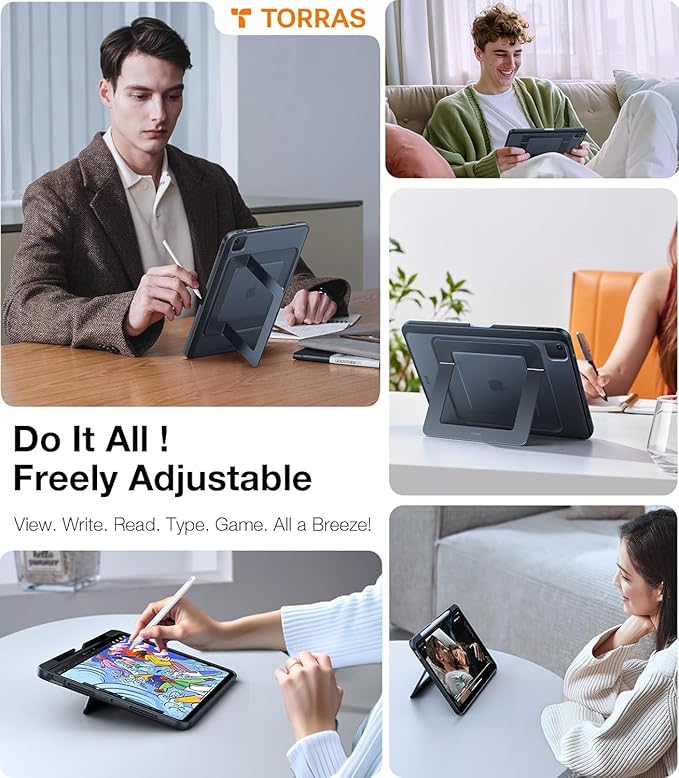 TORRAS for iPad Air 5th (2022) / 4th (2020) Generation 10.9 inch Case, Ultra Stable Stand, Multiple Adjustable Viewing Angles, Protective Kickstand Cover with Pencil Holder, Black