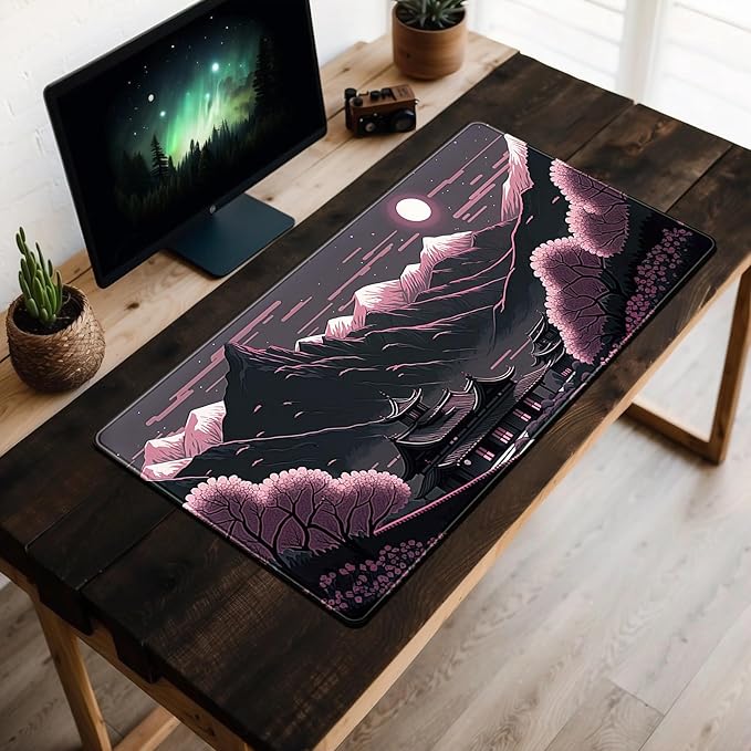 Sakura Blossom Desk Mat Japanese Scenery Mountain Large Mouse Pad XXL Extended Gaming Mousepad Japan Black Pink Aesthetic Desk Pad Keyboard Mouse Mat 31.5''X15.7'' Desk Decor
