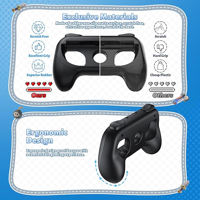 [Switch 1/2 Compatible] FASTSNAIL Grips for Nintendo Switch 2(2025)/1&OLED for Joy-Con 2, Wear-Resistant & Anti-Slip Controller Grips Handle Kit, Switch 2 Joypad Holder Accessories (Black,Black)
