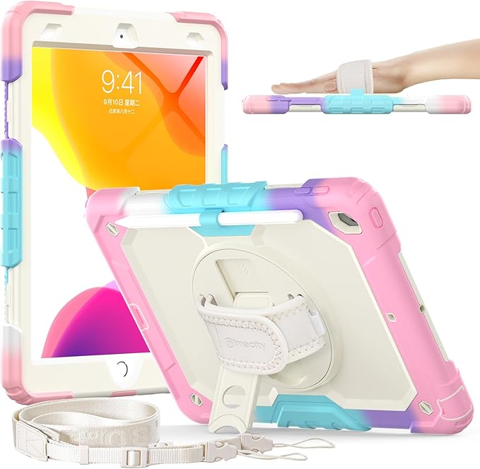 Timecity Case for iPad 9th/ 8th/ 7th Generation 10.2 inch - Heavy Duty Protective Cover with Screen Protector, Rotating Stand, Shoulder Strap & Pencil Holder | Kids-Friendly (Pink Camo)