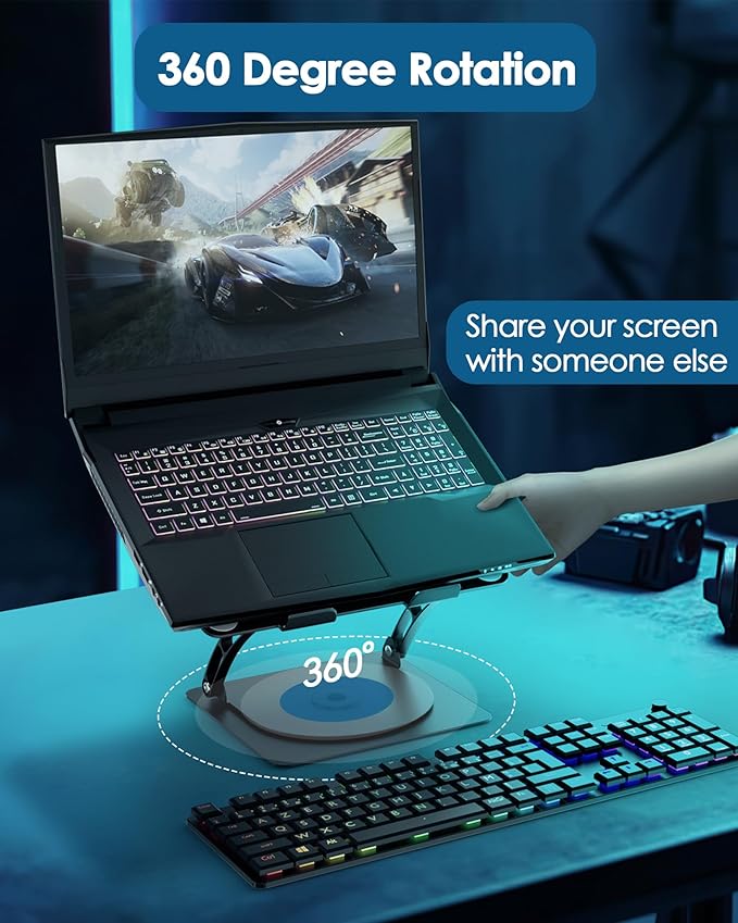 SHUWEI Laptop Cooling Stand with Detachable Desk Fan, Adjustable Height & Angle, 360 Rotating Base, Carbon Steel Framework, Ultra-Quiet & Super Sturdy for up to 16”Laptop-Black