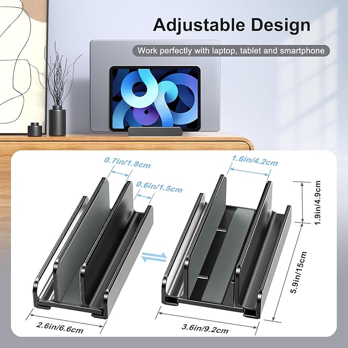 Vertical Laptop Stand, Aluminum Laptop Holder, Adjustable 3-in-1 Design, Compatible with MacBook, MacBook Pro/Air, Dell, HP, Lenovo, Up to 17.3 inches (Black)