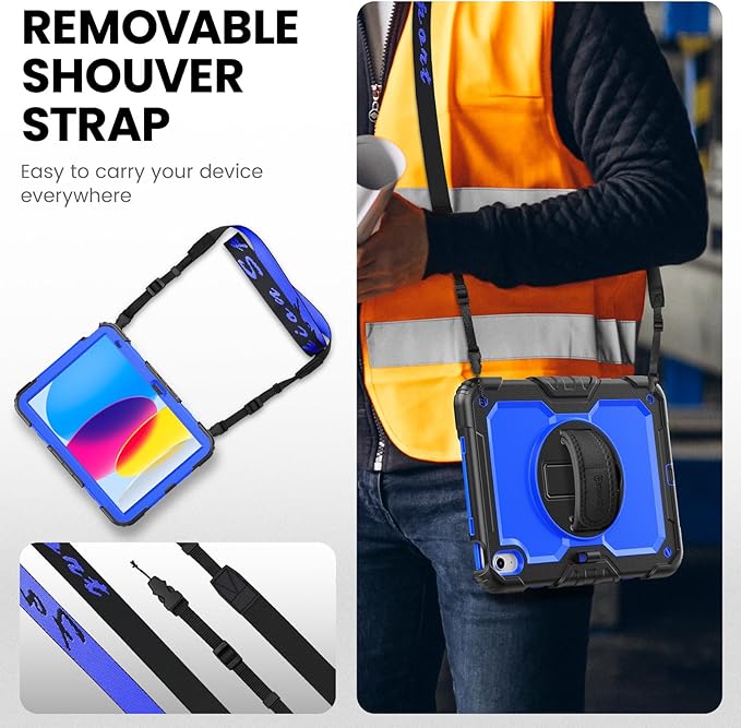 timecity for iPad (A16) 11th/ 10th Generation Case 11''/ 10.9 Inch (2025/2022) - Heavy Duty Protective Cover with Screen Protector, Stand, Shoulder Strap & Pencil Holder | Kids-Friendly - Dark Blue