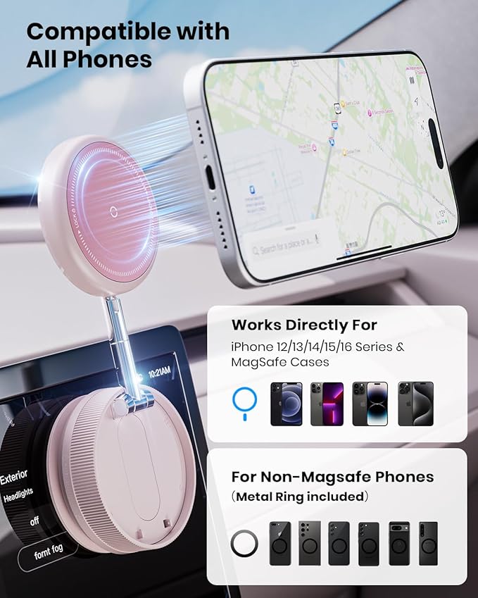 Upgraded 360° Vacuum Magnetic Car Phone Holder for Magsafe [96+LBS Strongest Suction & 2800gf Strongest Magnetic], Adjustable Car Phone Mount for Your Car/Gym/Mirror for iPhone & Android, Light Pink