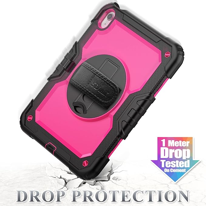 SEYMAC stock Case for iPad (A16) 11th/10th Generation 11''/10.9'' 2025/2022, Full-Body Drop Protection Case with Screen Protector &360° Rotate Hand Strap/Stand, Pink+Black