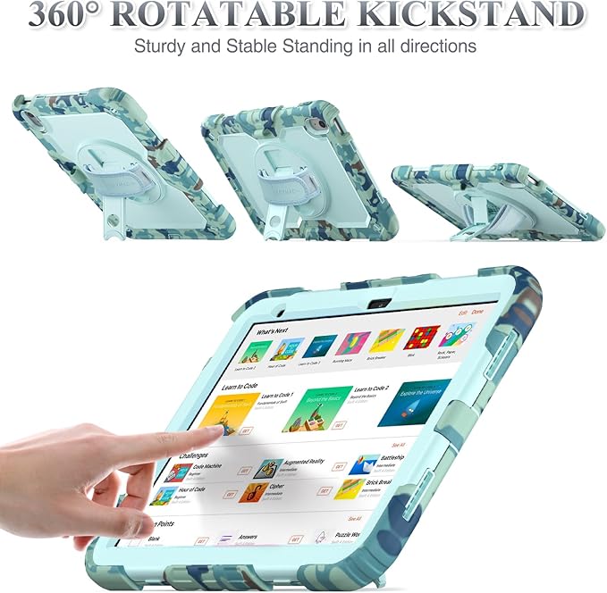 SEYMAC stock Case for iPad (A16) 11th/10th Generation 11''/10.9'' 2025/2022, Full-Body Drop Protection Case with Screen Protector &360° Rotate Hand Strap/Stand, SkyBlue Camo