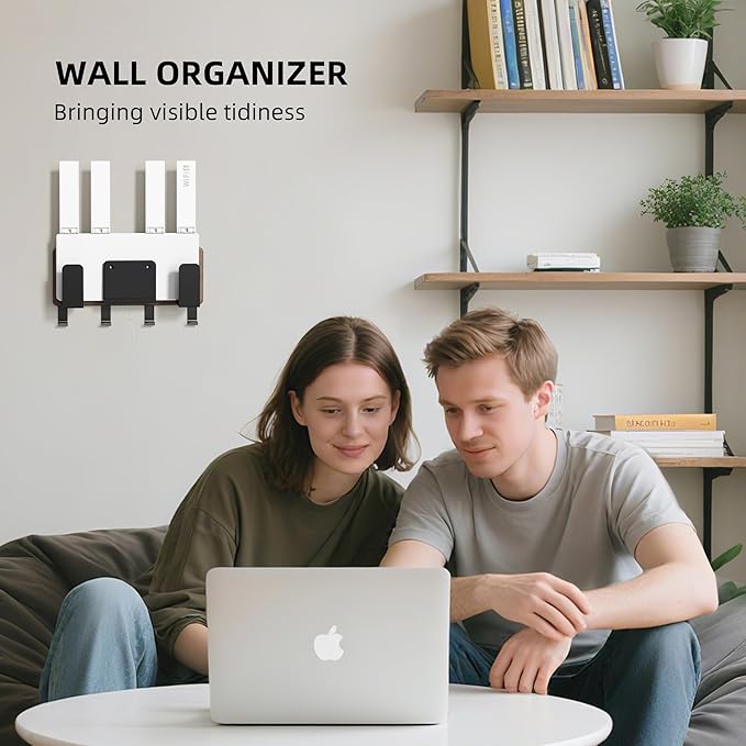 Universal Laptop Wall Mount Holder, Adjustable Metal Desk Organizer with Hooks | Ventilated Cooling & Anti-Scratch Pads | Compatible with 10-17.3 inch Laptop, Tablet, Keyboard, Router, Modem