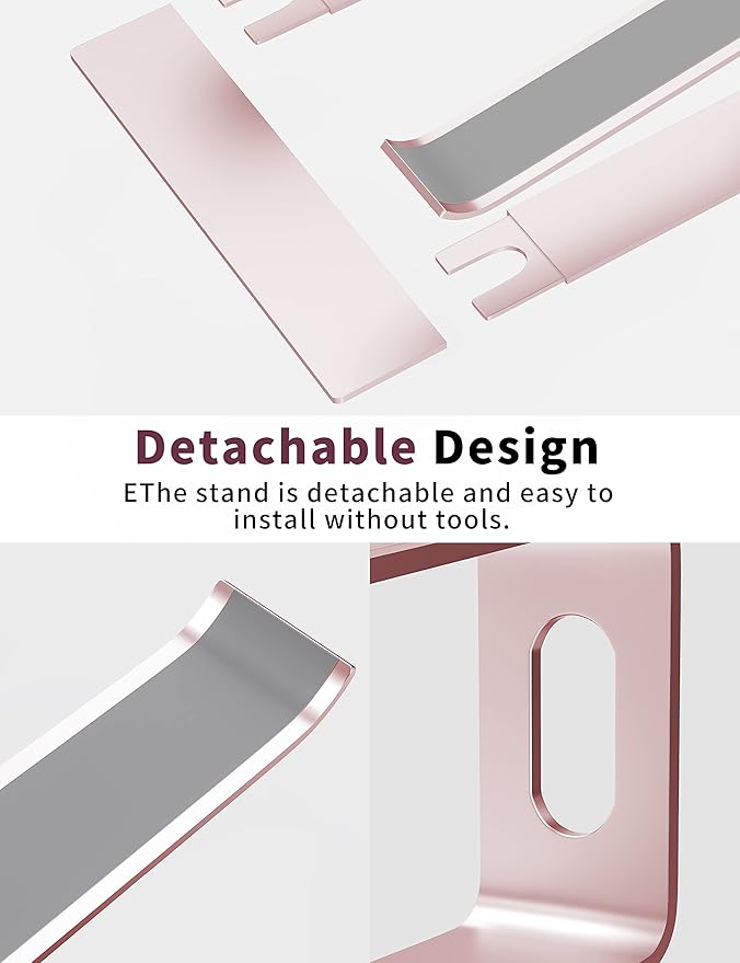 ALASHI Laptop Stand for Desk, Aluminum Computer Riser, Ergonomic Notebook Holder, Detachable Metal Laptops Elevator, PC Cooling Mount Support 10 to 15.6 Inches Notebook, Pink