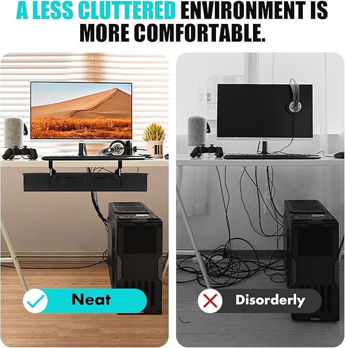 No Drill Under Desk Cable Management Tray - 36" Premium Fabric Cord Organizer for Table - with Silicone Pads & Cable Ties & Sticky Notes - Supports Up to 30lbs for Office & Home