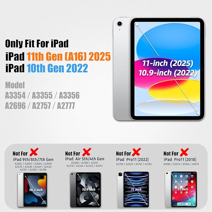 SEYMAC stock Case for iPad (A16) 11th/10th Generation 11''/10.9'' 2025/2022, Full-Body Drop Protection Case with Screen Protector &360° Rotate Hand Strap/Stand, Black+Orange