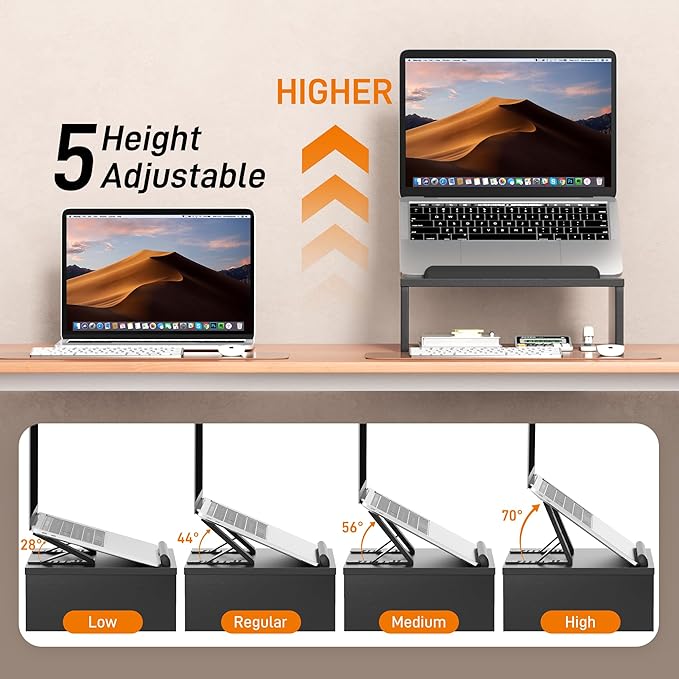 Adjustable Wood Laptop Stand with Storage Space - Notebook Organizer & Ergonomic Computer Riser, Wrist Rest Included, Compatible with 9.8-15'' Laptops (MacBook Air Pro/HP/Dell/Lenovo),Black