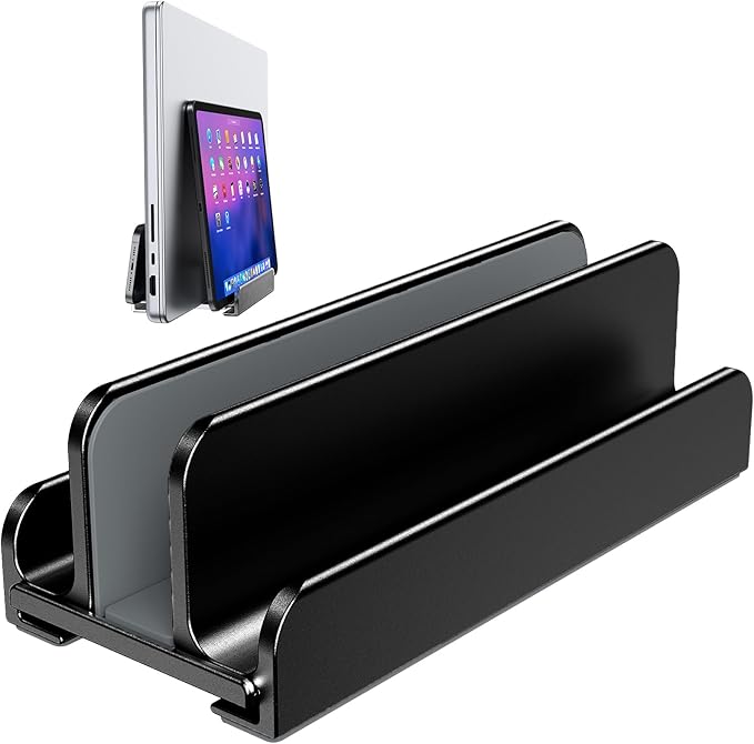 Vertical Laptop Stand, Aluminum Laptop Holder, Adjustable 3-in-1 Design, Compatible with MacBook, MacBook Pro/Air, Dell, HP, Lenovo, Up to 17.3 inches (Black)