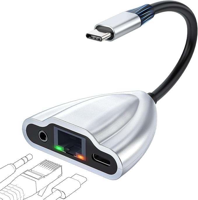 USB C Hub Multiport Adapter, 4 in 1 USB C Spliter to 3.5mm Audio, 1Gbps RJ45 Ethernet and Type C Adapter Supporting 60W PD Charging & 480Mbps Transfer, Dongle for Laptop/Mac/Phone/Switch(Silver)