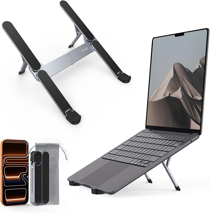 SODI [Ultra Compact] Foldable & Portable Laptop Stand for Desk, Lightweight Tablet Stand for Business Travel, Library, Cafe, 6 Level Height Ergonomic Aluminum Computer Holder for 10-16" Laptops