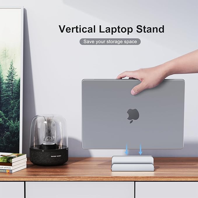 Vertical Laptop Stand, Aluminum Laptop Holder, Adjustable 3-in-1 Design, Compatible with MacBook, MacBook Pro/Air, Dell, HP, Lenovo, Up to 17.3 inches (Silver)