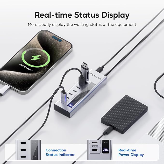 Powered USB C Hub, PULWTOP 7 in 1 USB C Hub Support Data 10Gbps & Charging(Not Support Video), USB C Powered Hub 10Gbps Ports for iMac, MacBook Pro/Air, iPad, XPS, USB Hub with 35W PD Power Adapter