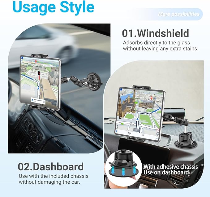 Car Dashboard Windshield Tablet Holder, [Strong Suction Cup & Metal Adjustable Arm] Vehicle/Truck Mount for iPad Pro 12.9/ Air/Mini, Galaxy Tab, All 6.1-15.6" Tablet and Phone