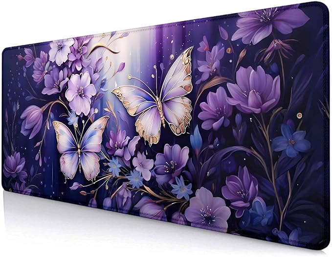 Gold Butterfly Desk Pads, Purple Floral Large Mousepad, Flowers Desk Mats, Modern Beutiful Extended Mouse Pad for Laptop, Gaming Pad for Women Girls Computer Office, 31.5x11.8 in