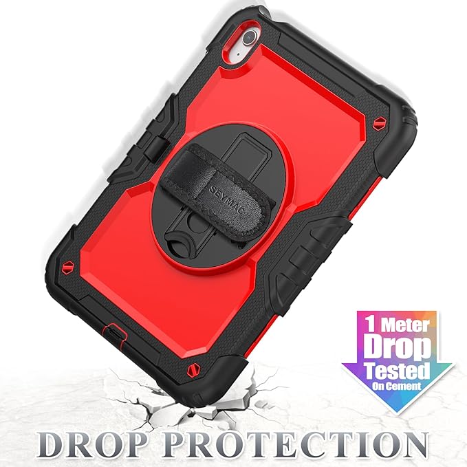 SEYMAC stock Case for iPad (A16) 11th/10th Generation 11''/10.9'' 2025/2022, Full-Body Drop Protection Case with Screen Protector &360° Rotate Hand Strap/Stand, Red+SiliconeBlack