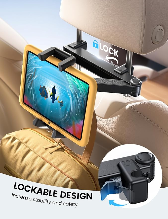 Lamicall Car Headrest Tablet Holder - [Lockable] [Thick Case Friendly] [Foldable Clip] Car Backseat Tablet Mount, Car Accessories for Kids, for iPad Pro, Air, Mini, Galaxy, Fire HD, 4.7-13" Tablets
