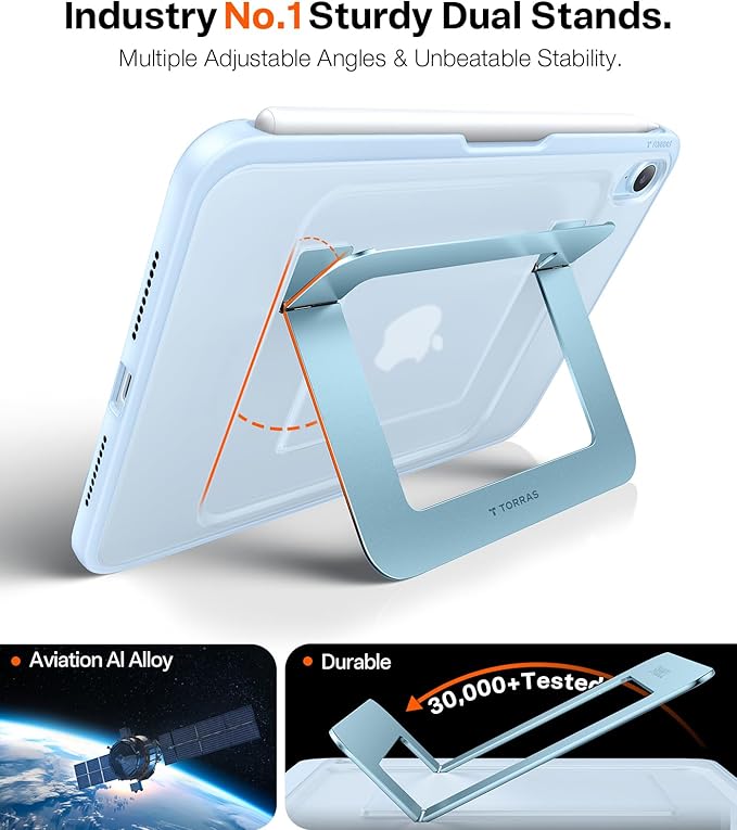 TORRAS for iPad mini 7 A17 Pro Case, iPad mini 6 Case with Pencil Holder, Ultra Stable Stand, Multiple Adjustable Viewing Angles, Slim Protective Kickstand Cover, Translucent iPad mini 6th Case, Blue