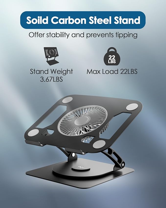 SHUWEI Laptop Cooling Stand with Detachable Desk Fan, Adjustable Height & Angle, 360 Rotating Base, Carbon Steel Framework, Ultra-Quiet & Super Sturdy for up to 16”Laptop-Sliver