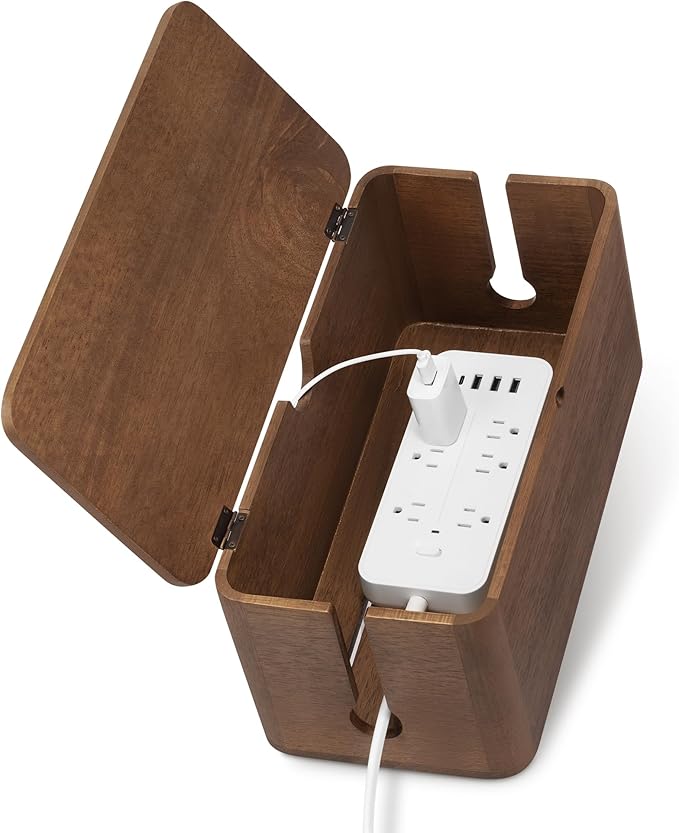ZhiYo Wood Cable Management Box, Large Cord Organizer Box for Power Strip, Extension Cord Hider for Office, Desk Cable Storage Box for Wire Management, Floor Outlet Hider, 14.2" L × 6.7" W × 6.3" H