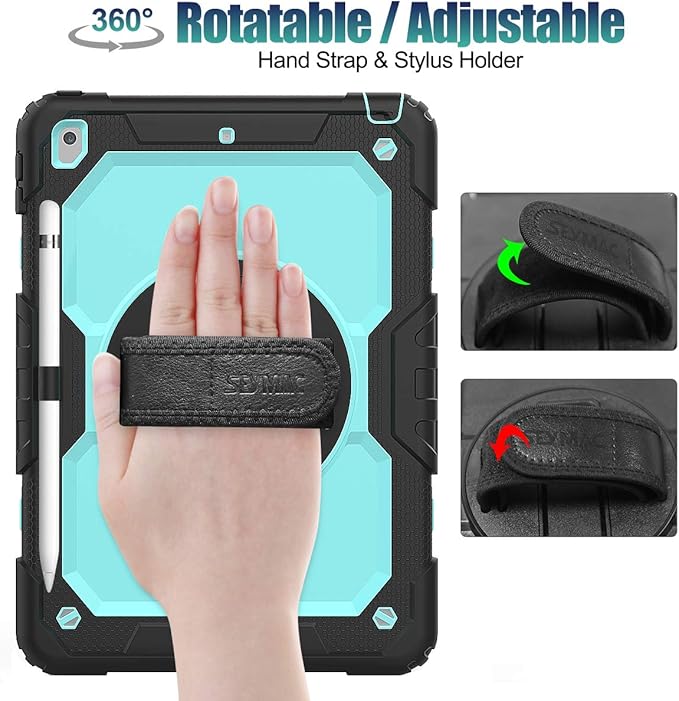 SEYMAC stock Case for iPad 9th/ 8th/ 7th Generation 10.2'', Shockproof with Screen Protector, Pencil Holder [360° Rotating Hand Strap] & Stand, for iPad 10.2 inch 2021-2019 (SkyBlue+Black)
