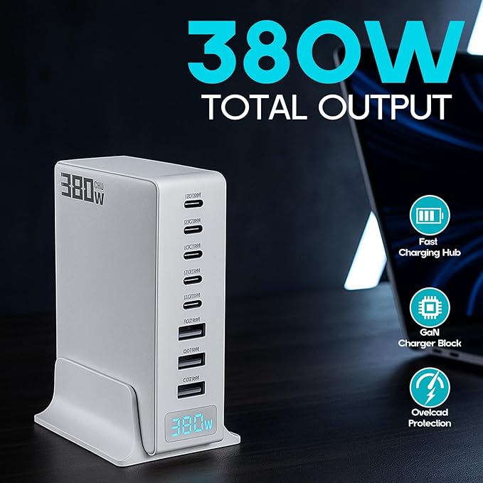USB C Charger 380W USB C Charger Block, 8 Port Gan Fast Type C & USB Laptop Desktop Charger Adapter for Laptop, MacBook Pro/Air, iPhone, Ipad, Samsung Galaxy, Android, for Travel Home Office Use