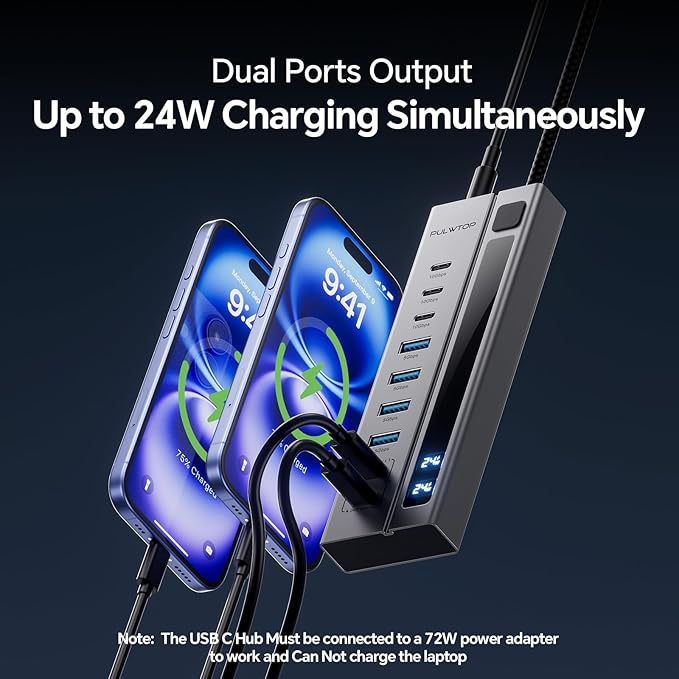 Powered USB C Hub, 9-in-1 USB-Hub suppprt 10Gbps & PD 45W Max Charging(Not Support Video), USB Powered Hub with 3 USB-C, 4 USB-A for Laptop, MacBook, iPad and More (72W Adapter Included)