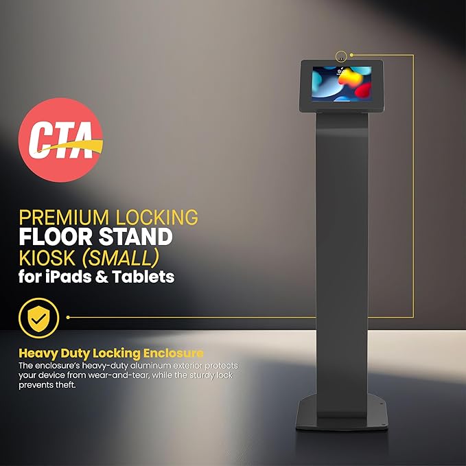 CTA Digital Locking Stand Kiosk Premium Small Locking Support Base Kiosk with Steel Body and Heavy-Duty Security Enclosure - iPad mini A17 Pro & 1/2/3/4/5/6 - Samsung Tab A 8″