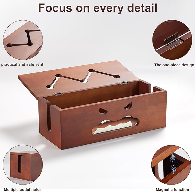 Large Cable Management Box,Cord Organizer Box with Cable Sleeves and Cable Tie,Wooden Cord Hider Box for Wires on Floor,Power Strip Hider for Home,Office,Under Desk