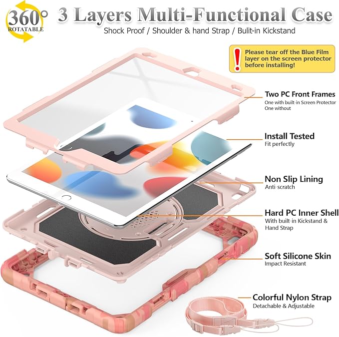 SEYMAC stock Case for iPad 9th/ 8th/ 7th Generation 10.2'', Shockproof with Screen Protector, Pencil Holder [360° Rotating Hand Strap] & Stand, for iPad 10.2 inch 2021-2019 (Pink Camo)