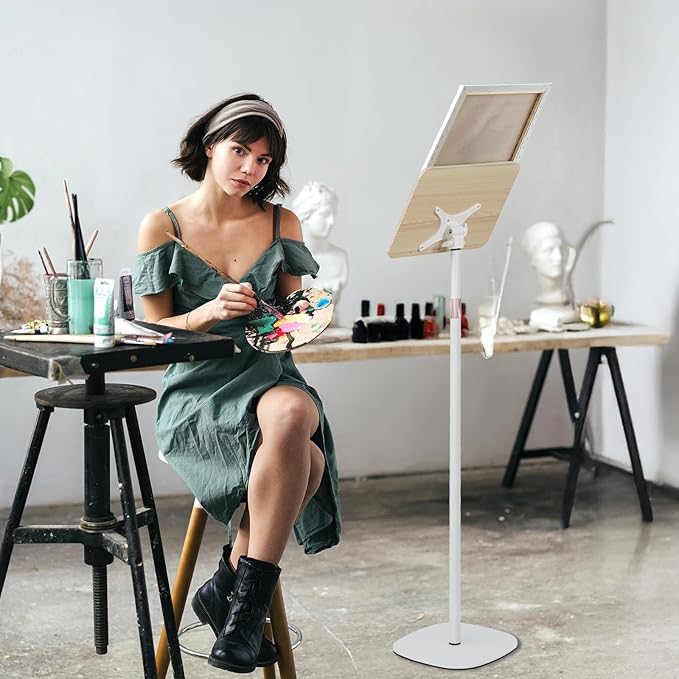 Adjustable Floor Book Stand Height From20'-67‘ and Angle, Music Stand,Laptop Floor Stand for Tablet Bibles, Recipes, Cooking, Books Wooden Display Rack,Stable Portable with Clip