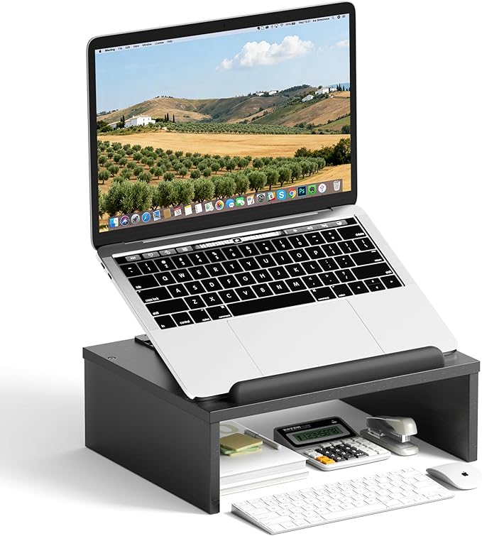 Adjustable Wood Laptop Stand with Storage Space - Notebook Organizer & Ergonomic Computer Riser, Wrist Rest Included, Compatible with 9.8-15'' Laptops (MacBook Air Pro/HP/Dell/Lenovo),Black