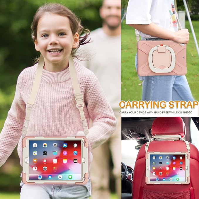 BRAECN Kids iPad Case, Rugged Silicone Cover with Hand Grip, Pencil Holder, Shoulder Strap, Stable Kickstand for iPad 9.7 inch 2018/2017/2016/2014 Rose Gold