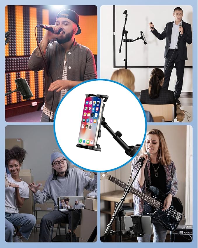 Moukey Adjustable Tablet Holder Clip-on Phone Mount for Mic Microphone Stand Music Stand, Compatible with All 4.7 to 12.9 Inches iPad, iPhone, Android Tablets, Pads, Smartphones