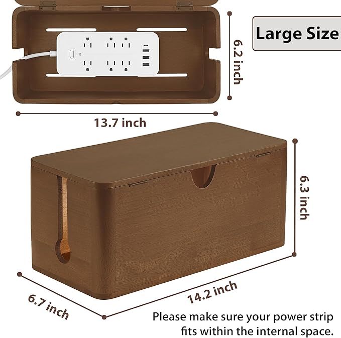 ZhiYo Wood Cable Management Box, Large Cord Organizer Box for Power Strip, Extension Cord Hider for Office, Desk Cable Storage Box for Wire Management, Floor Outlet Hider, 14.2" L × 6.7" W × 6.3" H